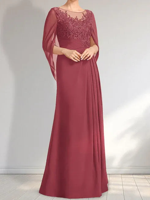A-Linien Rundhals Illusions bodenlanges Spitzen-Chiffon Kleid für die Brautmutter mit plissierten Pailletten