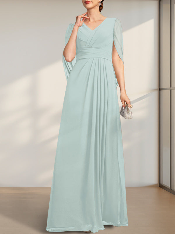A-Linien V-Ausschnitt bodenlanges Chiffonkleid für die Brautmutter mit Falten