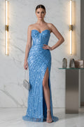 Strapless Sequined Corset Gown with High Slit and Lace-Up Back