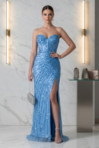 Strapless Sequined Corset Gown with High Slit and Lace-Up Back