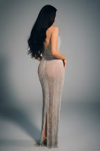 Spaghetti Strap Beaded Fringe Sheer Floor Length Gown