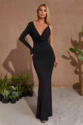 Asymmetric Cowl Neck One Long Sleeve Tie Back Maxi Dress