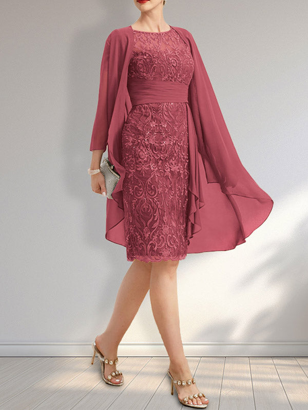 Etui Rundhals Illusions-Knie-lang Spitzen-Chiffon Brautmutterkleid mit Kaskaden-Rüschen und Pailletten