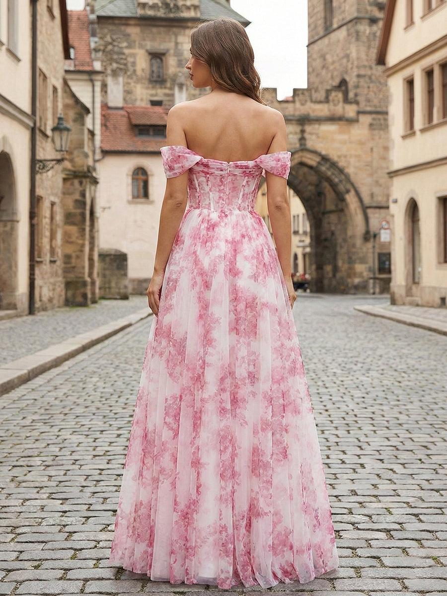 Rosa Blumen Schulterfreies Korsett A-Linien Lang Ballkleid