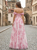 Rosa Blumen Schulterfreies Korsett A-Linien Lang Ballkleid