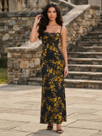 Spaghetti Strap Cowl Neck Golden Floral Print Evening Dress