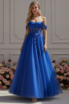 Off-the-Shoulder Floral Applique Ball Gown with Corset Bodice