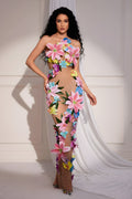 Strapless Sheer 3D Floral Rhinestone Mesh Evening Gown