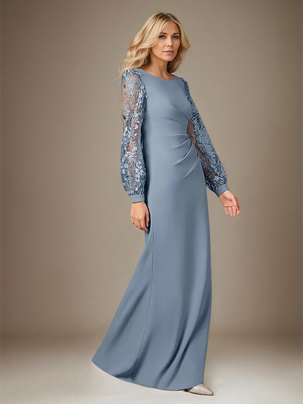 Vestido longo azul acinzentado em crepe stretch com decote redondo, mangas longas e aplicações