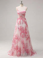 Pink Floral Corset Tulle Long Prom Dress with Delicate Spaghetti Straps