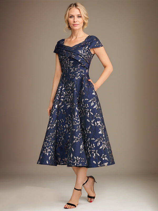 Robe mère de la mariée ligne A à col en V longueur thé en jacquard floral