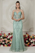 Embellished Mermaid Gown with Illusion Plunge and Corset Back