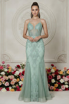 Embellished Mermaid Gown with Illusion Plunge and Corset Back