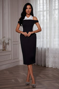 Contrast Collar Cold Shoulder Textured Midi Pencil Dress