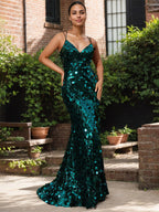 Sparkly Lace Up Back V-Neck Corset Sequin Mermaid Maxi Dress With Slit