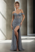 Off-the-Shoulder Embellished Corset Evening Gown with High Slit