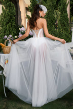 Strapless Sheer Tulle Corset Overlay Maxi Evening Dress