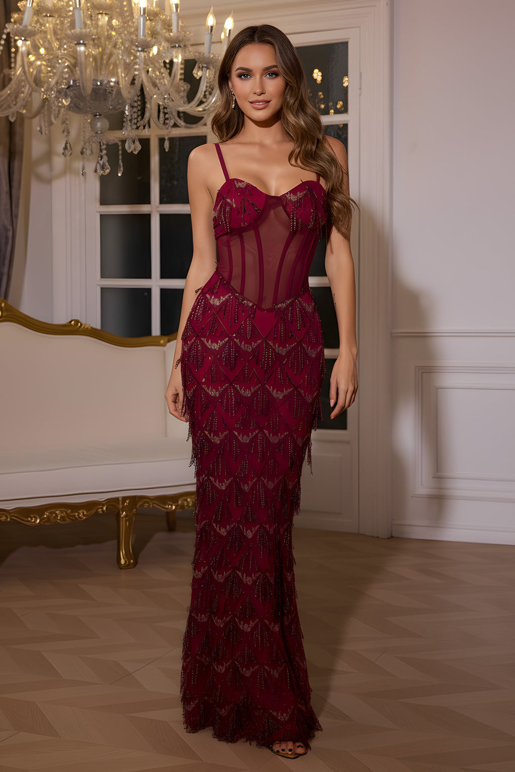 Spaghetti Strap Sheer Corset Beaded Fringe Evening Gown