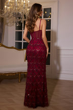 Spaghetti Strap Sheer Corset Beaded Fringe Evening Gown