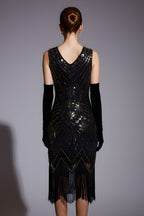 Vintage Art Deco Sequin Embellished V-Neck Fringed Flapper Dress