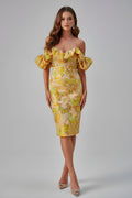 Off-Shoulder Floral Jacquard Midi Dress with Puff Sleeves