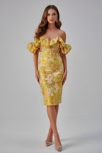 Off-Shoulder Floral Jacquard Midi Dress with Puff Sleeves