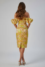 Off-Shoulder Floral Jacquard Midi Dress with Puff Sleeves