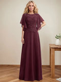 Vestido de mãe da noiva em chiffon e renda com ilusão decote redondo, em linha A, comprimento até o chão com lantejoulas