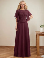 Vestido de mãe da noiva em chiffon e renda com ilusão decote redondo, em linha A, comprimento até o chão com lantejoulas