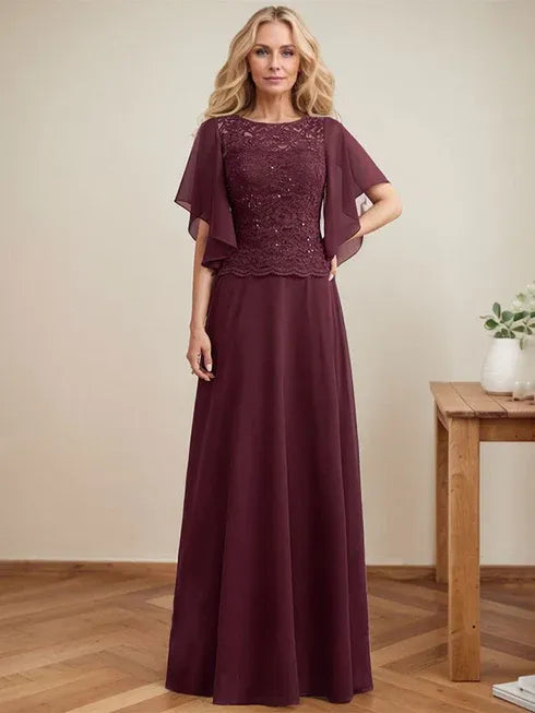Robe de mère de la mariée en dentelle et mousseline de soie, ligne A, illusion décolleté rond, longueur au sol avec sequins