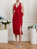 Rotes Midi-Etuikleid/Schlauchkleid mit V-Ausschnitt, ärmellos und Schleife