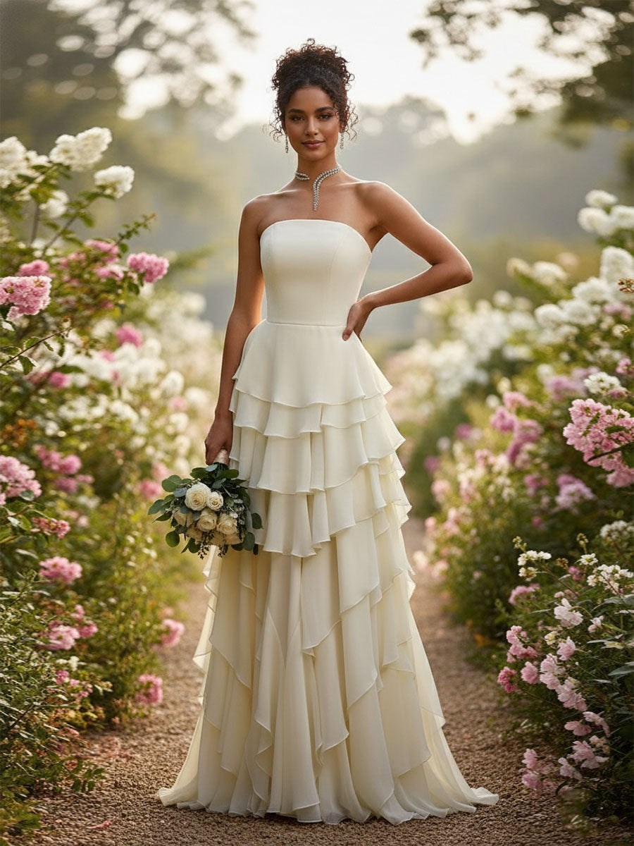 Elegant Strapless Sleeveless Ruffles Long Bridesmaid Dress