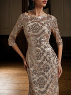 Rose Gold Sequin Crew Neck Three Quarter Sleeve Mermaid Gown Dress