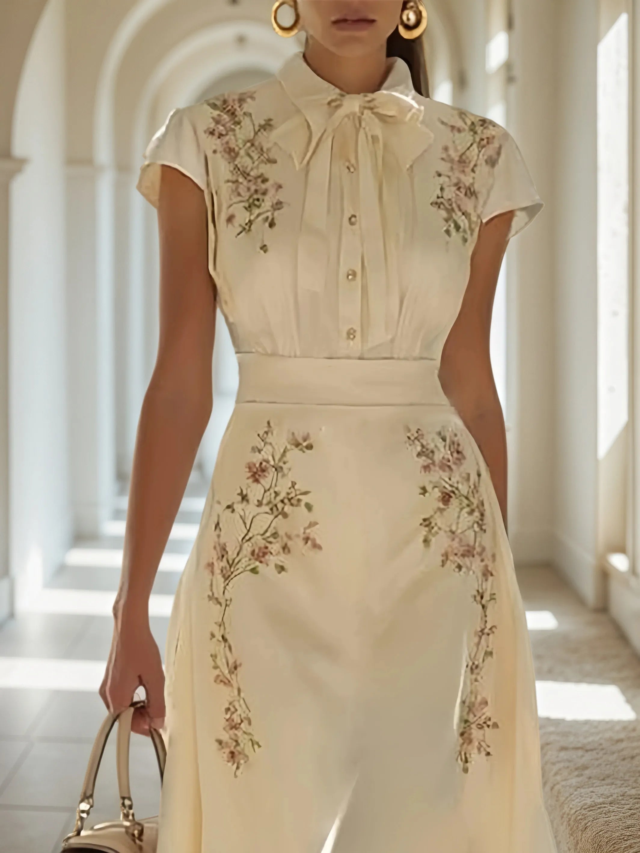 Aprikosenfarbenes besticktes Kleid mit Schleife, klassischem Schalkragen, kurzen Ärmeln und A-Linien-Midilänge