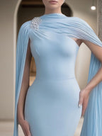Formal Evening Dress Blue Cape Maxi Mermaid Dress