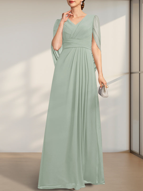 Vestido de madre de la novia línea A, escote en V, largo hasta el suelo, de gasa con pliegues