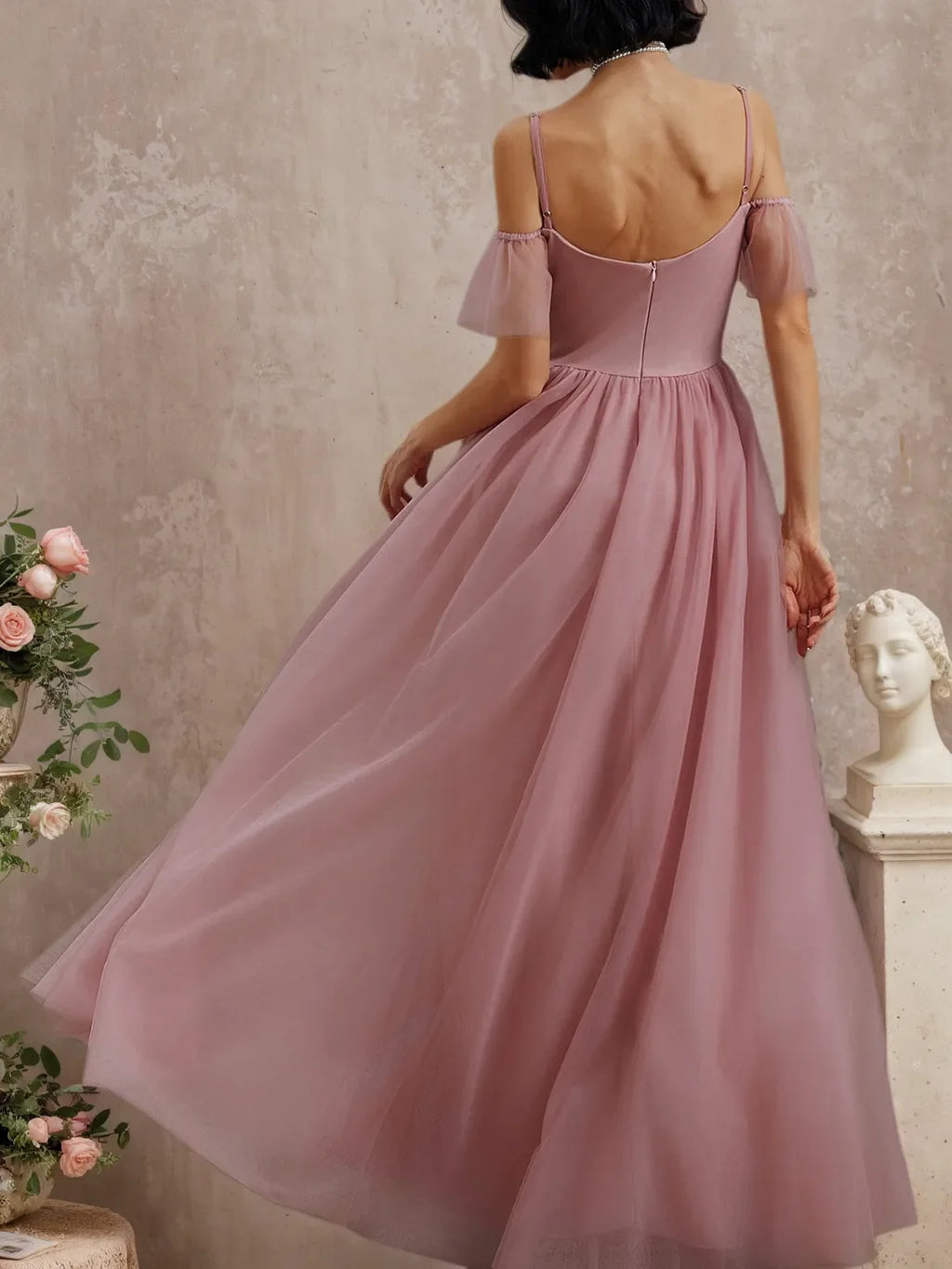 Vestido maxi clásico rosa en línea A con escote hombros descubiertos y mangas cortas