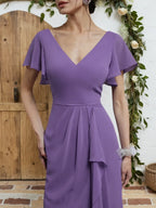 Lila gerafftes V-Ausschnitt Kleid mit Rüschenärmeln, A-Linie, Maxi Chiffon Brautjungfernkleid
