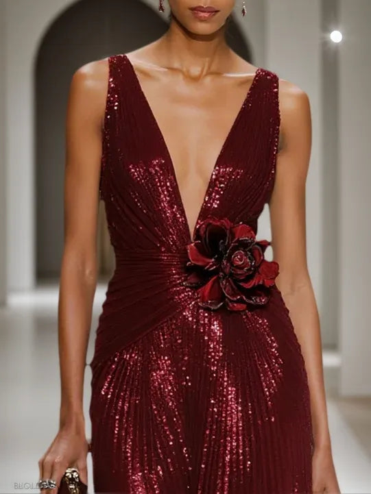 Abito lungo a tubino senza maniche color rosso vino con scollo a V e paillettes floreali 3D