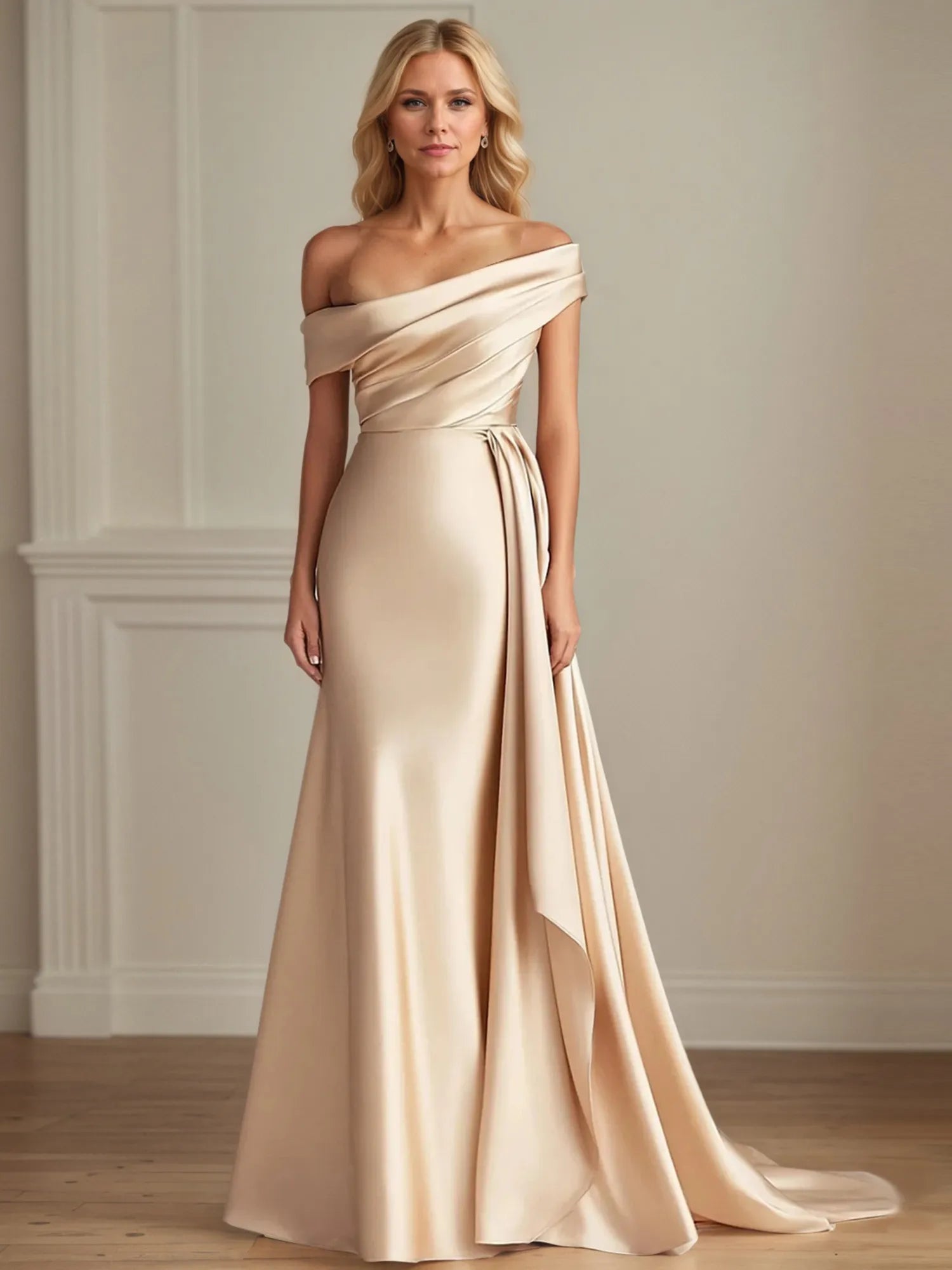 Etuikleid/Säulenkleid mit einer Schulter, bodenlanges Satin-Mutter-der-Braut-Kleid mit Raffung