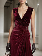 Wine Red Rhinestone Peplum Velvet V Neck Sleeveless A-Line Midi Dress