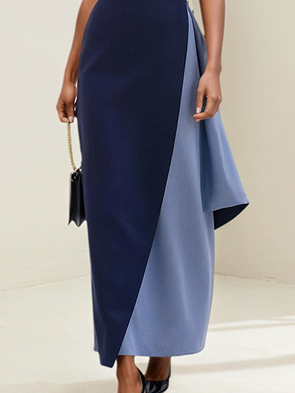 Vestido azul royal e azul aço em crepe stretch, um ombro só, mangas curtas, comprimento até o tornozelo