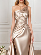 Formal Evening Gown Champagne One Shoulder Satin Maxi Dress