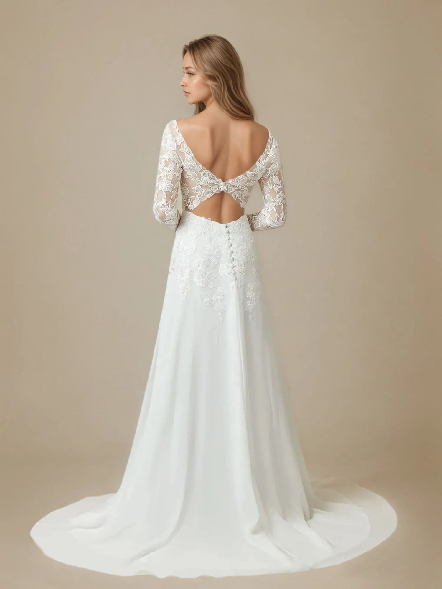 Vestido de novia blanco línea A con escote en V, lentejuelas y gasa