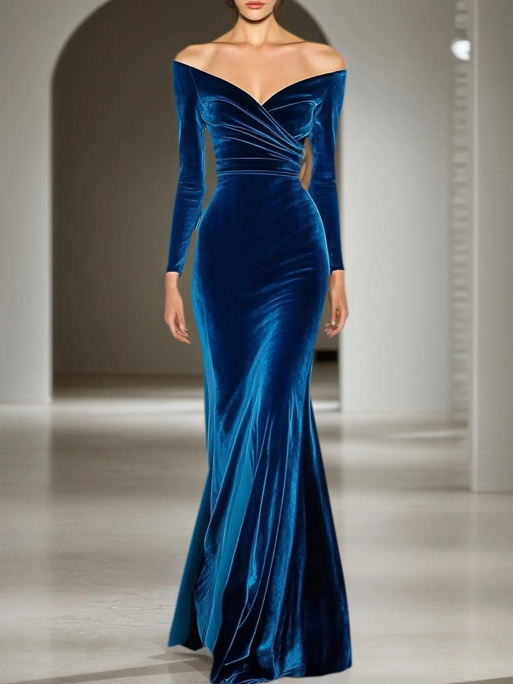 Formelles Abendkleid aus blauem Samt, schulterfrei mit langen Ärmeln, Maxikleid