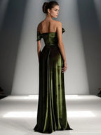 Off-Shoulder Bowknot Detail Velvet Maxi Gown Formal Evening Dress