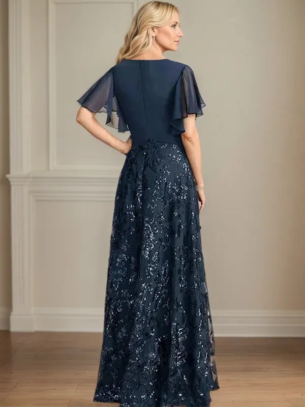 A-Linie V-Ausschnitt Kurzarm Chiffon Brautmutterkleid mit Applikationen