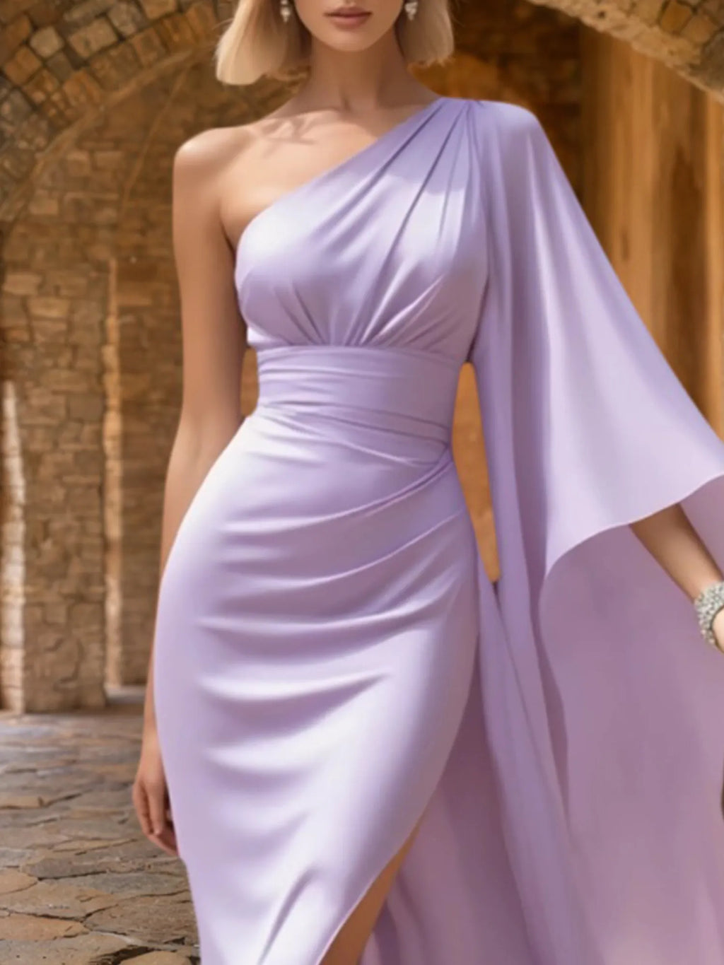Vestido formal de noche púrpura, de un solo hombro, largo maxi fluido