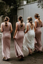 A Line Chiffon V Neck Sleeveless Floor Length Ruched Bridesmaid Dress