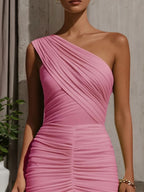 Evening Formal Dress Pink One Shoulder Ruched Maxi Dress